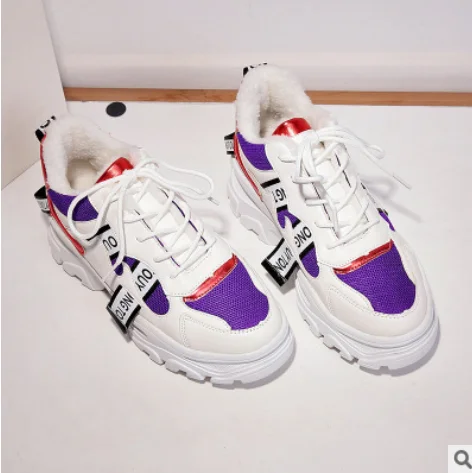 White purple winter Женские кроссовки; коллекция года; сезон осень-зима; женская повседневная обувь; разноцветная обувь на толстой подошве; женская обувь на платформе; обувь на массивном каблуке, увеличивающая рост - Цвет: White purple winter