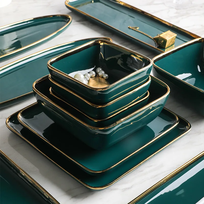 

Ceramic tableware set green gold inlaid porcelain dessert plate steak snack cake salad soup bowl rice wholesale