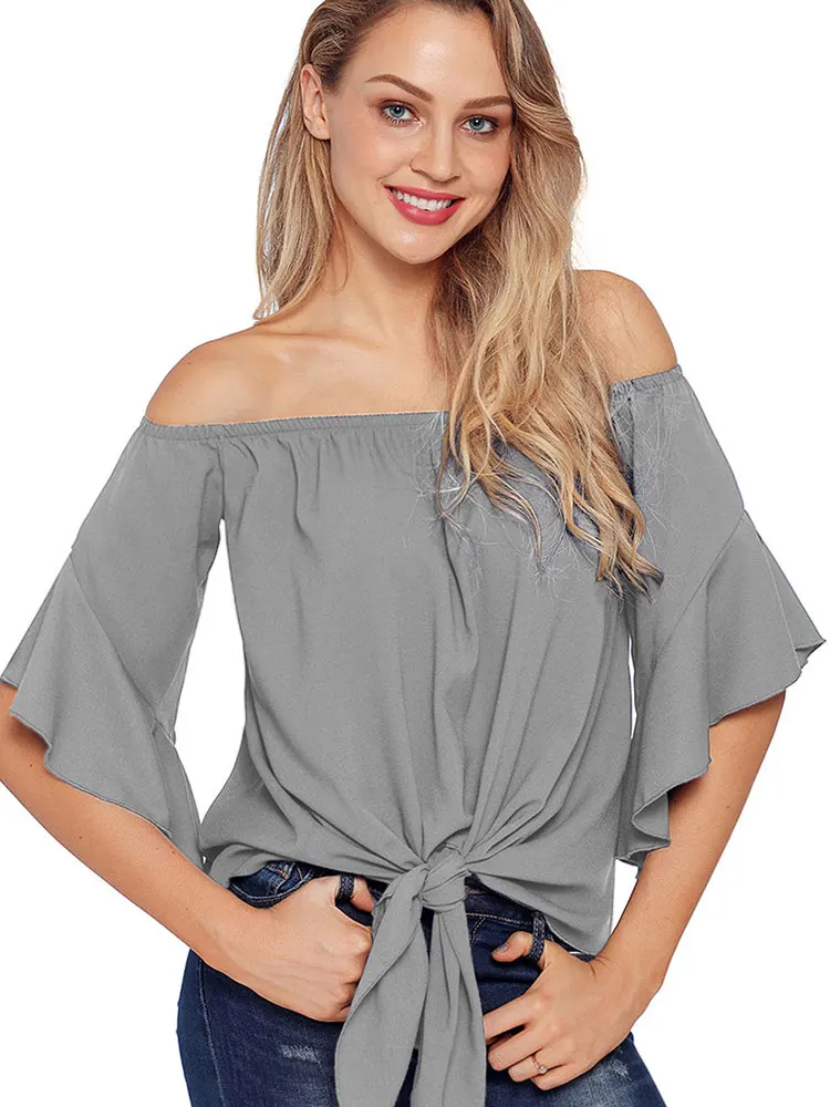 

Top Blouses Women Clothing Off White Spring Vintage Summer 2020 Aesthetic One Word Collar Solid Color Ruffled Lace-up TopChiffon