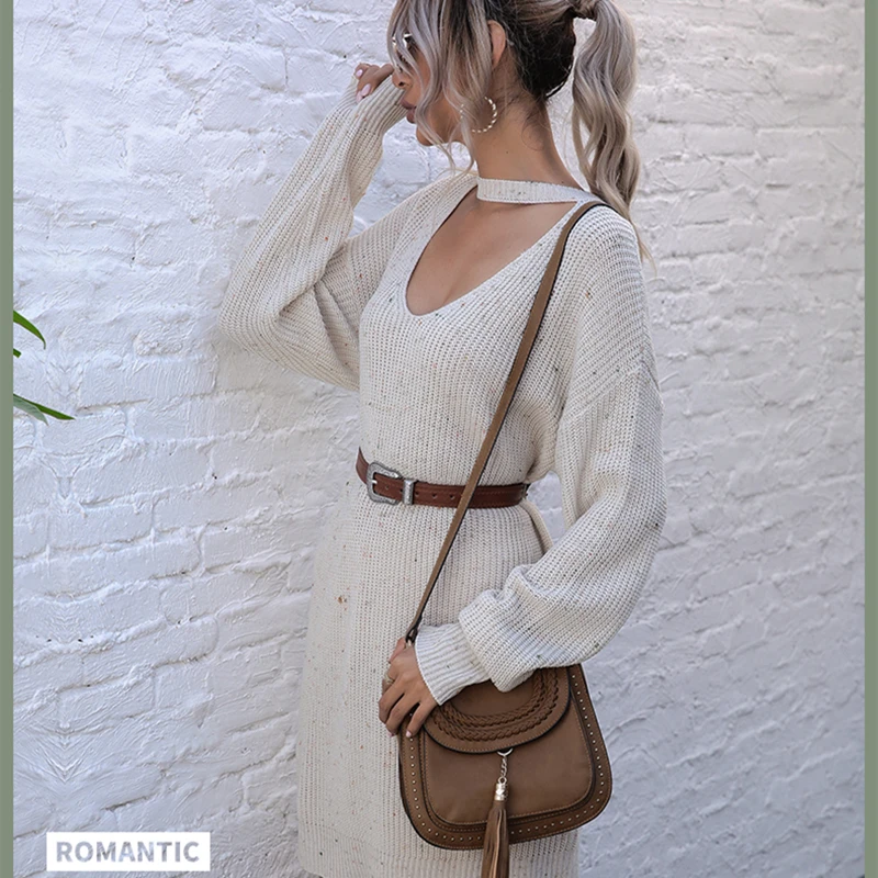 

2021 New Solid Color Leisure Deep V Dress Women'S Autumn And Winter Loose And Thin Large Neck Medium Length Knitted Skirt