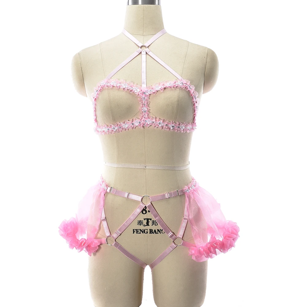 Оригинальный дизайн розовая фотография боди-клетка бюстгальтер пояс бондаж