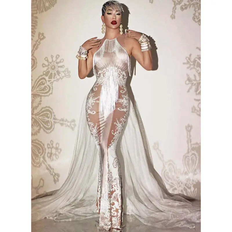 Новый дизайн с кисточками и принтом белым шлейфом платье танцевальный костюм для