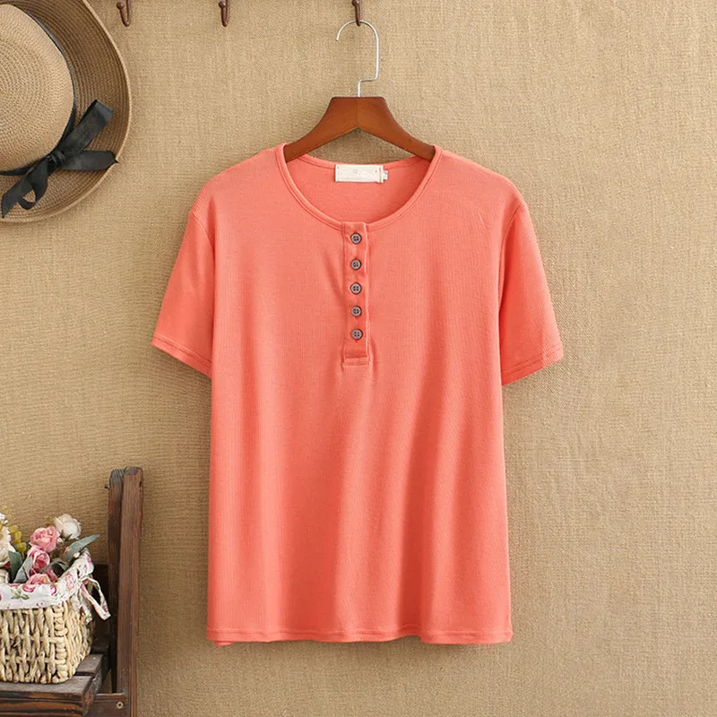 

Plus Size T Shirts Summer Tops O-Neck Thin Elastic Force Knit Short Sleeve Front Collar Short Placket Buckle Large Size T Shirt