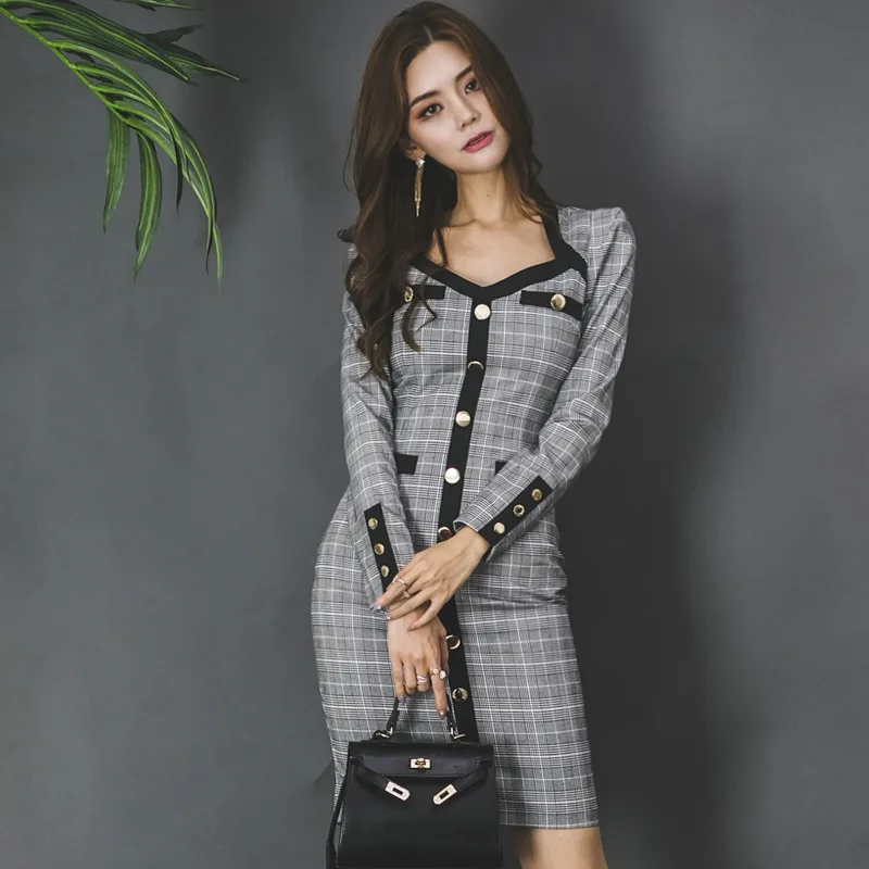 Офисное женское платье 2020 Весна ретро Тонкое клетчатое с запахом Подиум