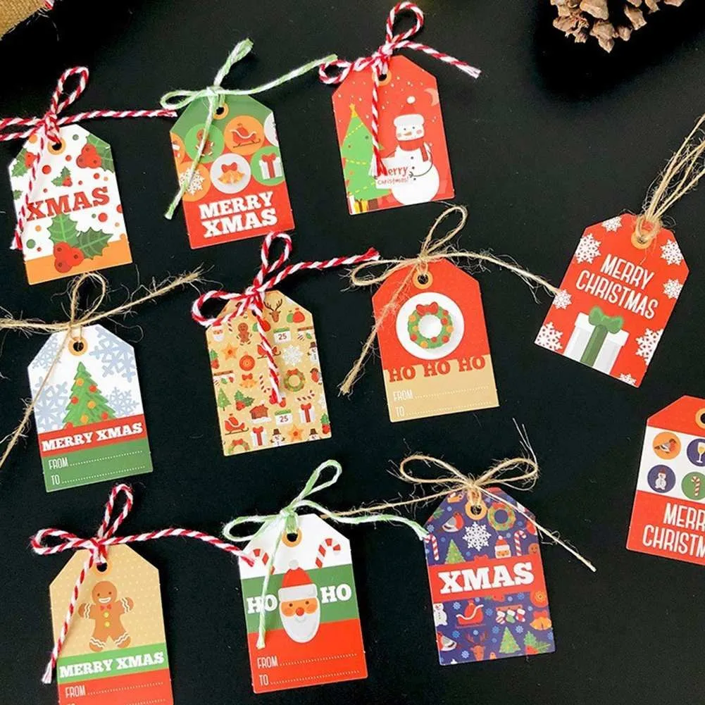 

48PCS Merry Christmas Tag Kraft Paper Gift Decoration Label +Rope Christmastide Hanging Tags For Holiday DIY Decorations 7*4cm