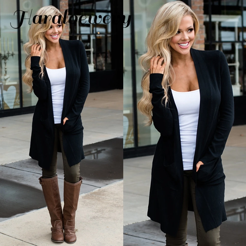 Модный женский длинный кардиган с карманом черный свитер повседневные кардиганы