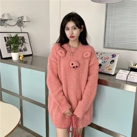 bear decoration knitted sweater women 2021 fashion cute round neck long sleeve female loose pullovers chic knitwear