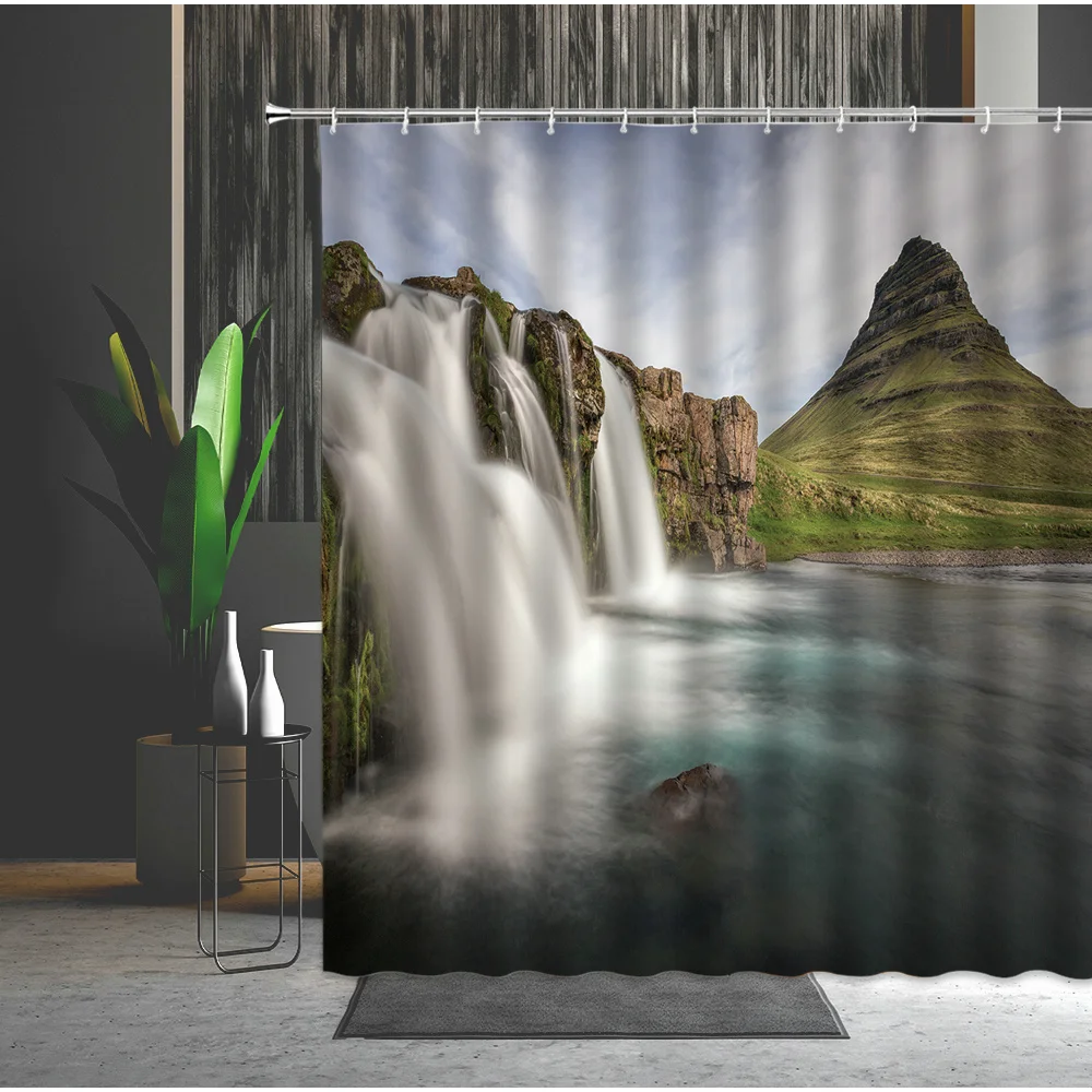 Природные пейзажи Душ Шторы &quotВодопад&quot зеленый лес весенний пейзаж Ванная