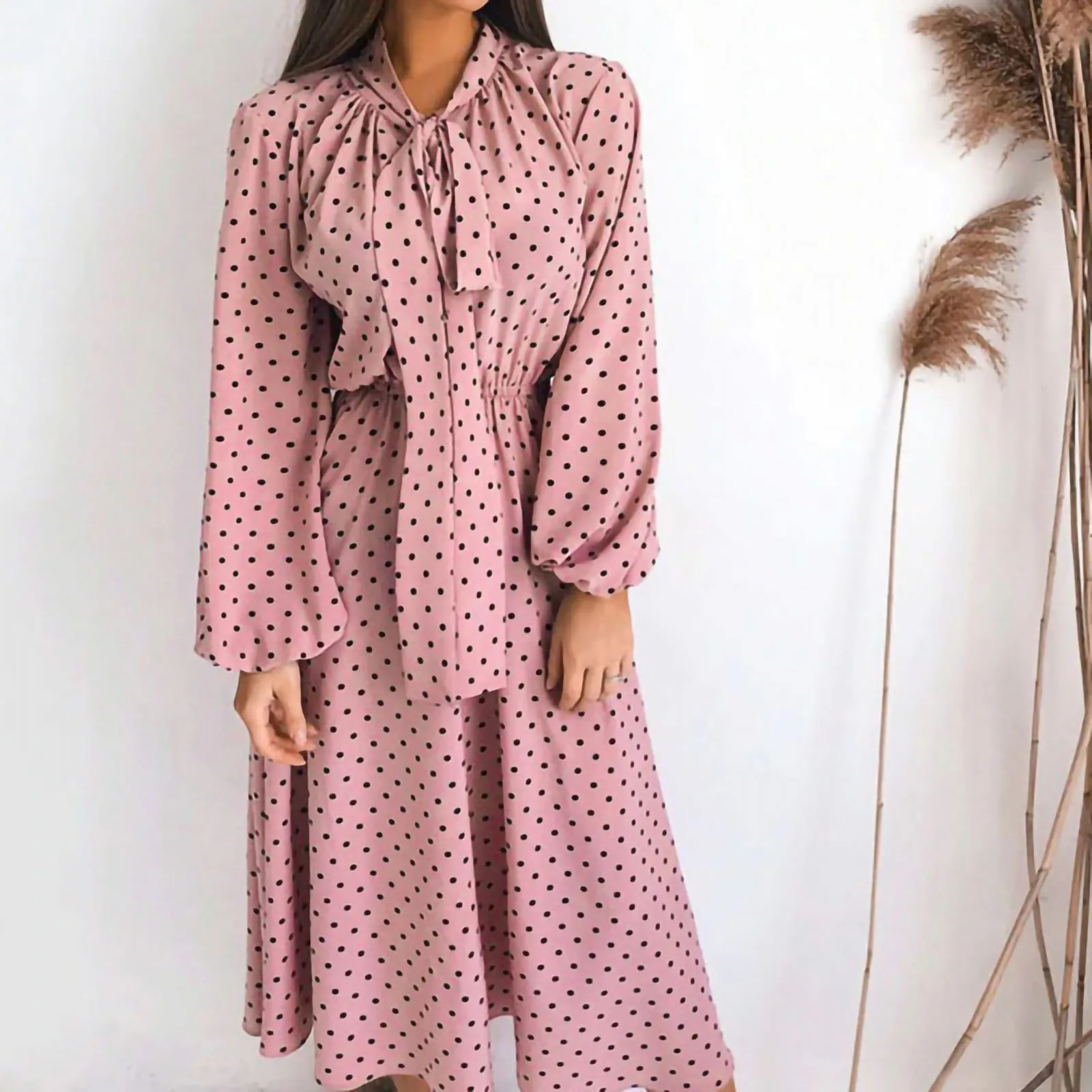 

Bow Puff Sleeve Full Dress Autumn Winter Women Scarf Neck Long Sleeve Polka Dot Dress Vestido De Mujer Femme Robe