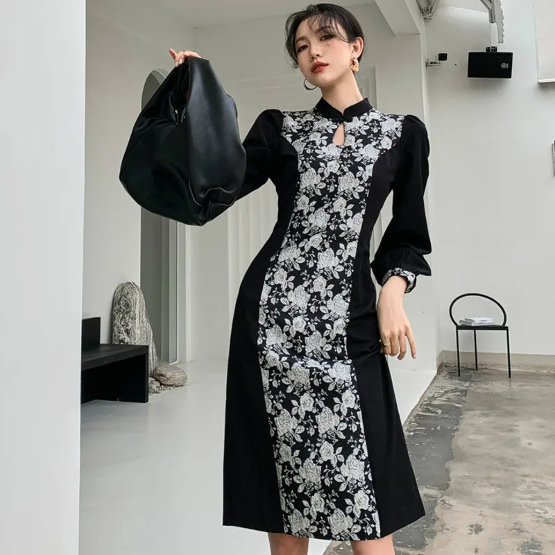 

В стиле ретро с цветочным принтом платье Чонсам 2021; Сезон весна-осень; В винтажном стиле, с длинным рукавом платье для женщин элегантные вече...