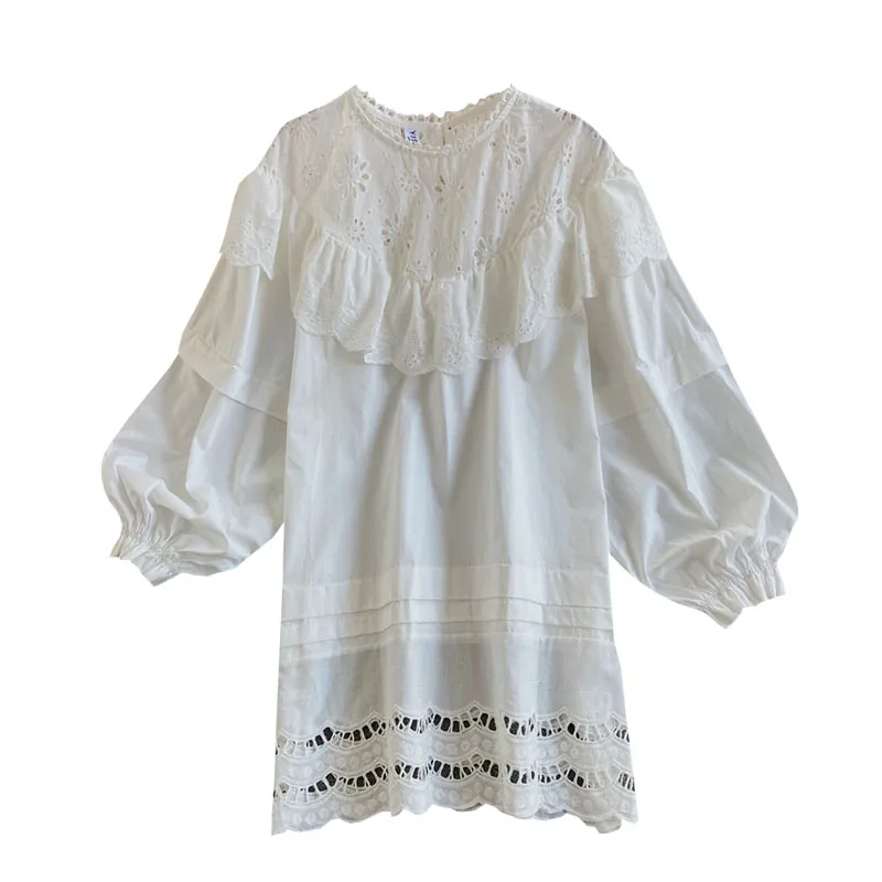 

period and the South Korea chic loose doll sweet lace round collar lace stitching falbala long-sleeved dress