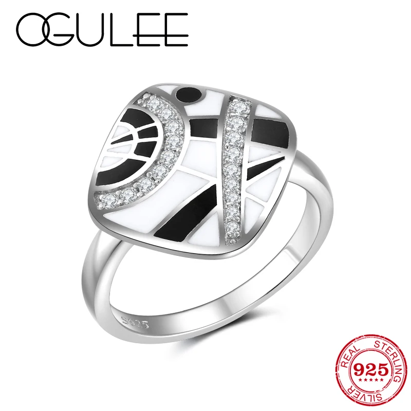 

OGULEE 925 Silver Ring for Women Black White Enamel Pattern Classic Square Ringwith Stones Cubic Zirconia Elegant Femme Bijoux