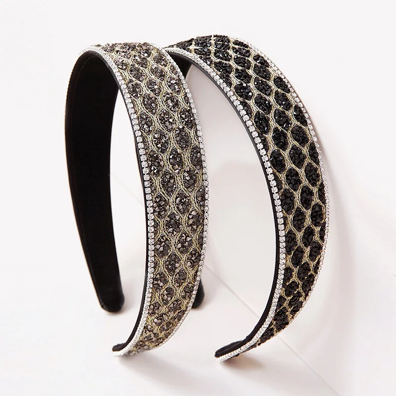 

Europe Black Grey Rhinestone Rhombic Hairbands Women Broad Brimmed Vintage Baroque Headband Hair Accessories Headwear 2021