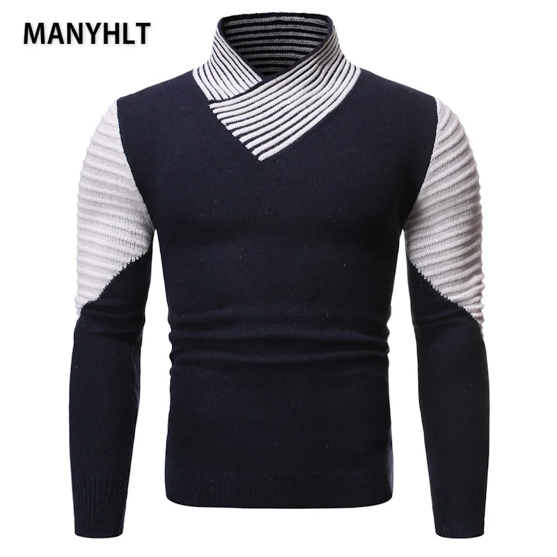 

Mens Winter Striped Jumper Warm Knitted Sweater For Male Tops Pullovers Patchwork Sweater Turtleneck Men Clothing Pullover