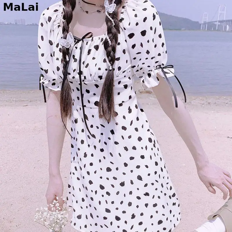 

Женское винтажное платье мини в горошек, элегантное пляжное платье с бантом и пышными рукавами, элегантное платье с квадратным вырезом, лет...