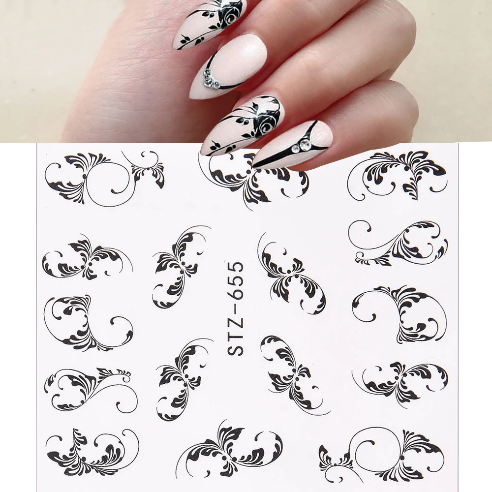 

1 Sheet Black and White Style Nail Adhesive Decals Accessories Nail Art Decoration Transfer Sticker Flower Leave Geometry Series