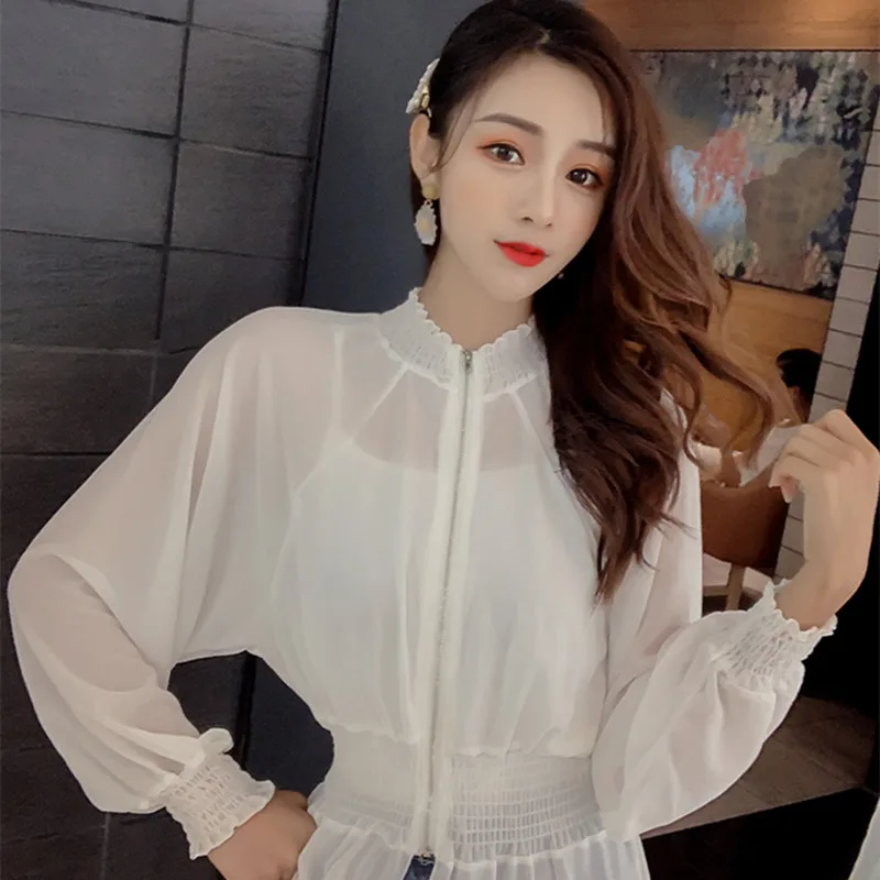 

2021 New Spring Autumn Stand Collar Long Sleeve White Mesh Drawstring Windbreaker Women Trench Fashion