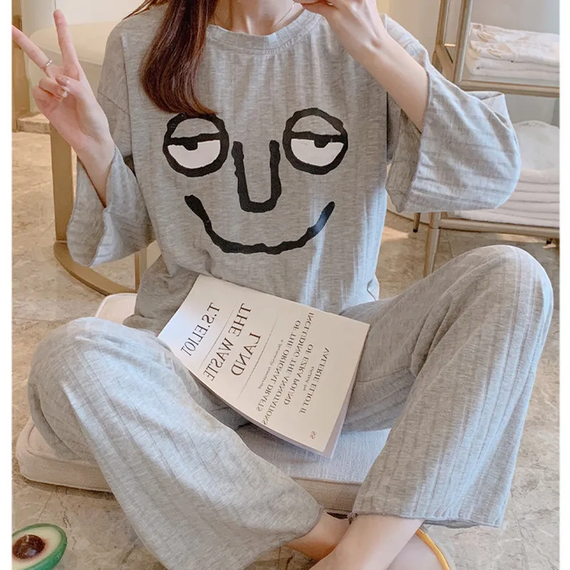 

Spring Watermelon Avocado Thin Pajama Sets Pink Cotton Loose Autumn Clothes Women White Cute Tops Round Neck Two-Piece Suit
