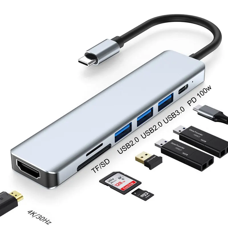 

Адаптер USB Type-C 7 в 1, док-станция для USB 3,0/2,0, HDMI-совместим с кардридером 4K TF SD PD для MacBook Pro/Air M1
