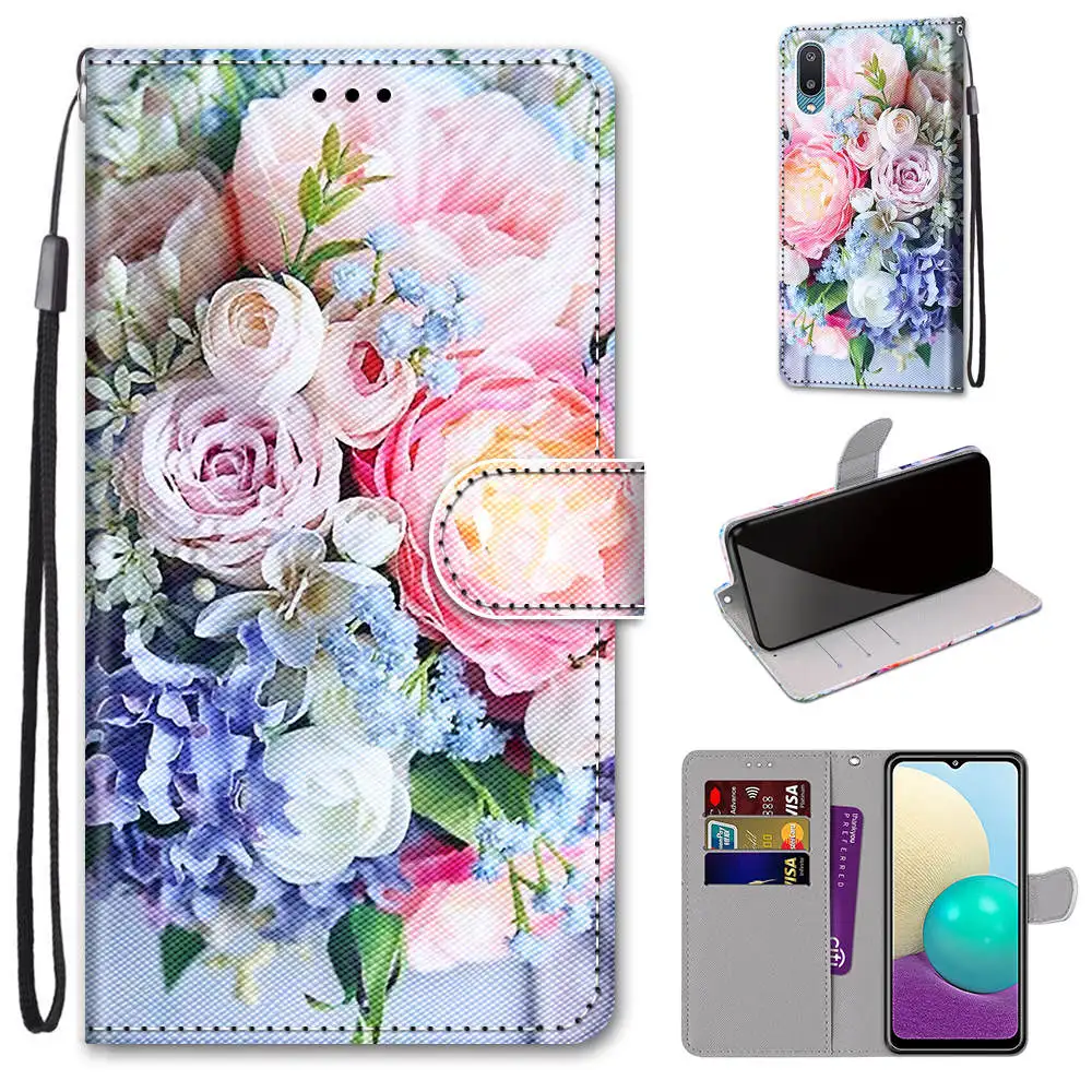 flip leather case for samsung galaxy a02 m02 a02s m02s a01 a11 a12 m12 a32 a52 a72 5g phone case wallet book cover cute cat bag free global shipping