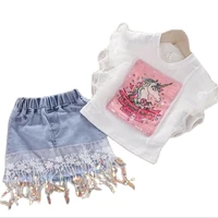 girls clothing set pearl lovely unicorn toddler kids lace t shirt tops tassel cowboy skirt baby girls suit children clothes