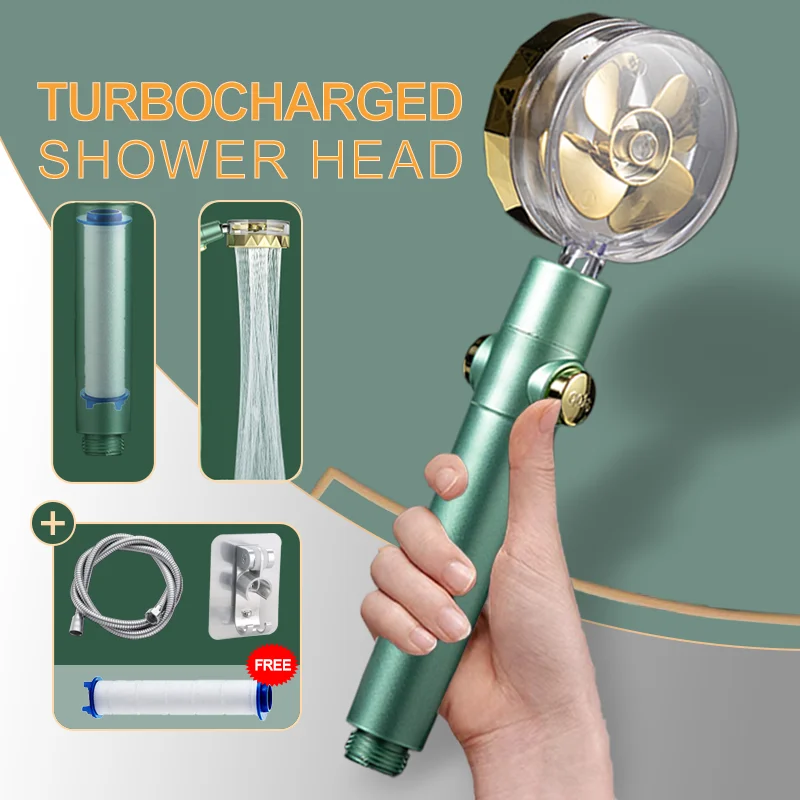 

Shower Head High Pressure 2022 New Style Green High Pressure Rotate Shower Head with Holder and Hose Propeller Shower Head Eco