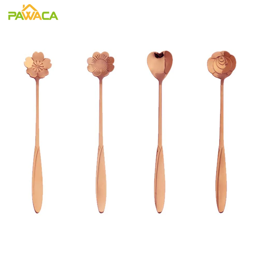 4 шт./компл. ложка с лепестками цветов длинная ручка из нержавеющей стали для