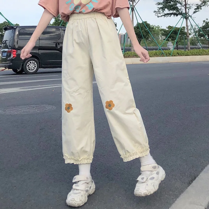 

Japanese Kawaii Soft Girl Pants Loose Thin Cartoon Floral Embroidery Pants Women Elastic Waist Casual Ruffles Cute Straight Pant