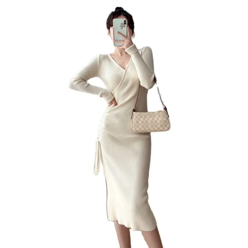 

2021 Fall/Winter French Sweater Long Dress Korean V Neck Slim Shirring Knit Dress Women Apricot Black