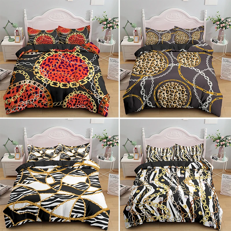 

Golden Chains Baroque Elements Leopard Print Bedding Set Queen King Single Duvet Cover Pillowcase 2/3pcs Quilt Bedclothes