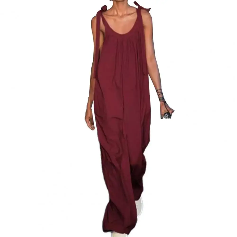 

Women Summer Casual Sleeveless Playsuit Solid Color Jumpsuit Wide Leg Lace-up Low Cut Romper for Daily Wear Fashion Loose Hem