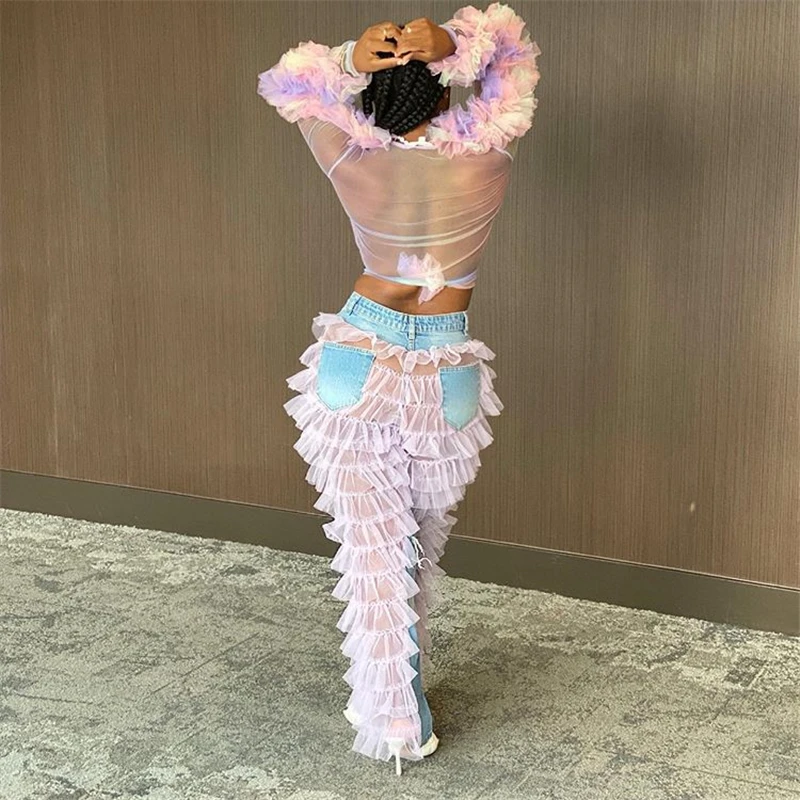 

Zoctuo Mesh Petal Ruffles Patchwork Women Jeans Pants Fashion Casual Button Fly Jeans For Women Holes Pencil Denim Trousers