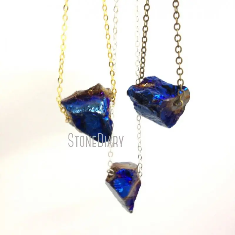 NM12003 Necklace Gold Chain, Silver Chain, Bronze Color Chain Titanium Blue Irregular Faceted Nugget Necklace 18inch-32inch