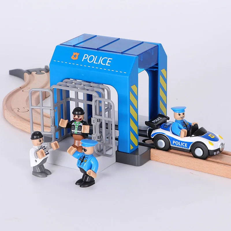 

A set of Police thief catching building block suit compatible with wooden train track toy simulation plastic police station suit