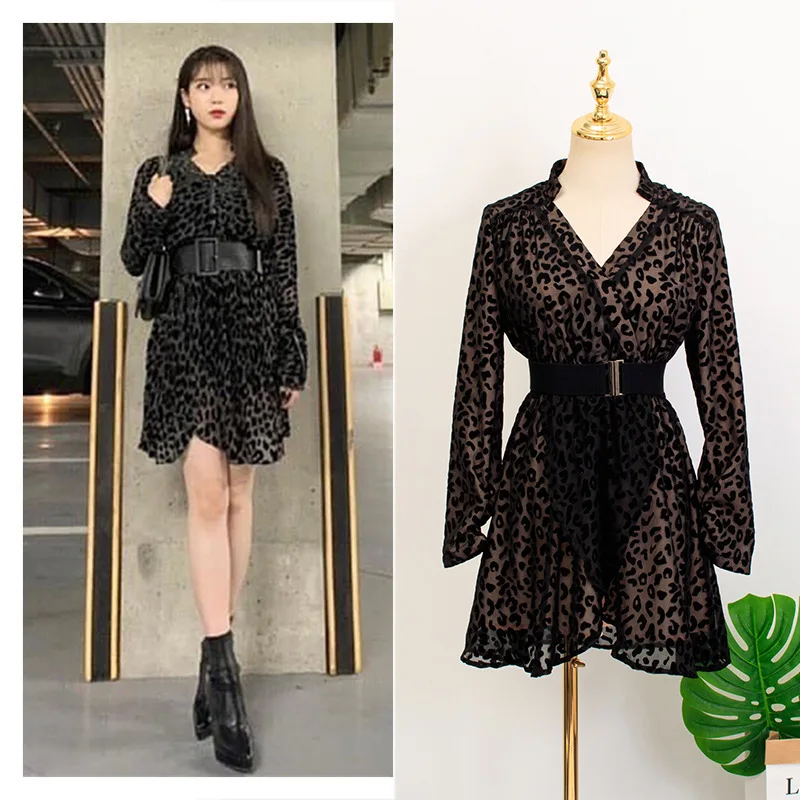 2020 Korea TV DEL LUNA Hotel IU Leopard Dresses for women Long Sleeve Spring Autumn Dress Female Sexy V neck Dress With Belt
