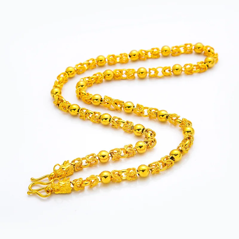 

New Colar Punk Hiphop Vintage 24K Gold Dragon Head Long Beads Chain Men Necklace Boy Jewelry