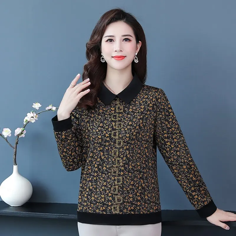 

Middle Aged Women drilling Blouse Autumn Spring printing t Long Sleeve Johnny Collar Tops Mauture Lady Plus Size Clothings 5XL