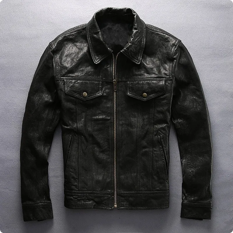

Vintage Autumn Italian Mens 100% Real Leather Jacket Pockets Gothic Outwear Coat Slim Fit Biker Sheepskin Genuine Leather Jacket