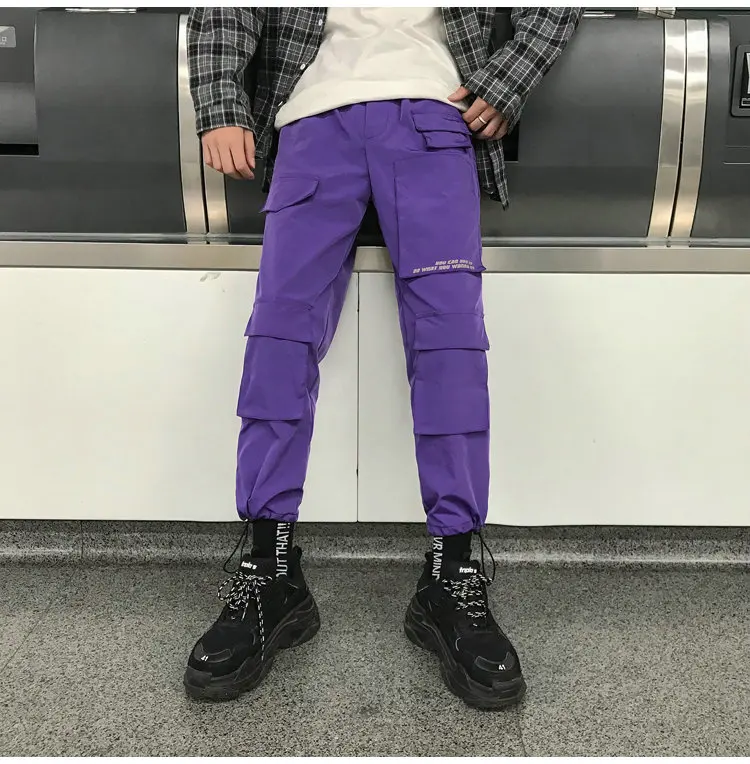 Men Streetwear Cargo Pants 2021 Overalls Mens Baggy Hip Hop Joggers Pants Pockets Harem Pants Purple Sweatpants Korean alibaba pants