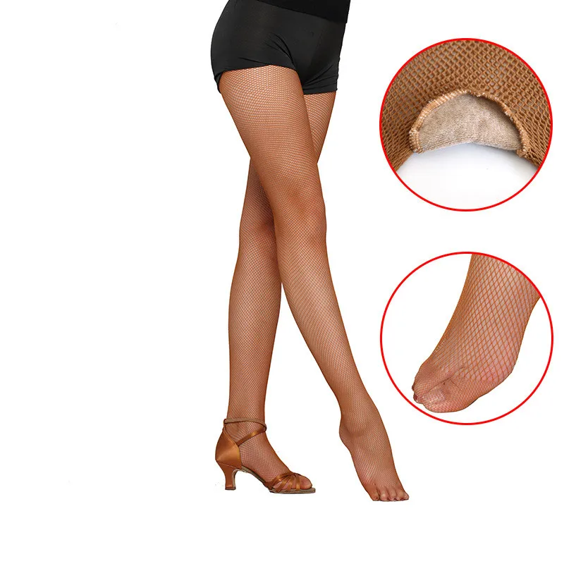 DOIAESKV Professional Latin Dance Stocking Fishnet Toe Socks Net with Crotch Latin Dance Bodystocking Caramel Nylon Tights