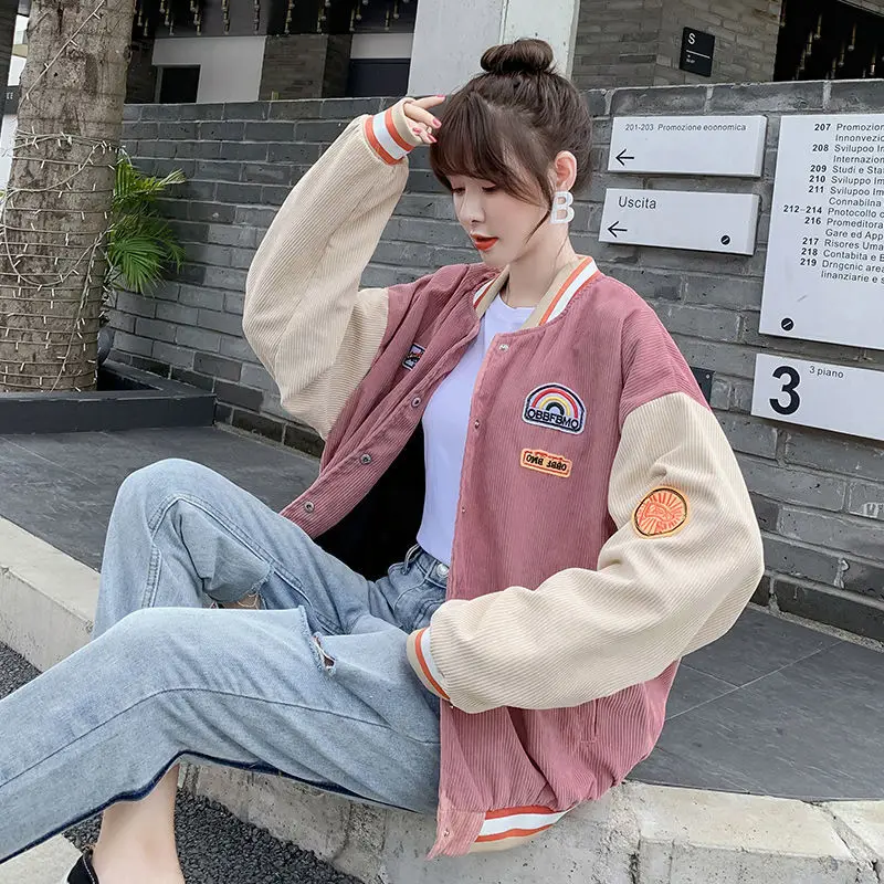 

Japanese Sweet Harajuku Loose Women Baseball Uniform Jacket Autumn Winter Corduroy Fashion Splicing Long Sleeve Epaulettes Tops