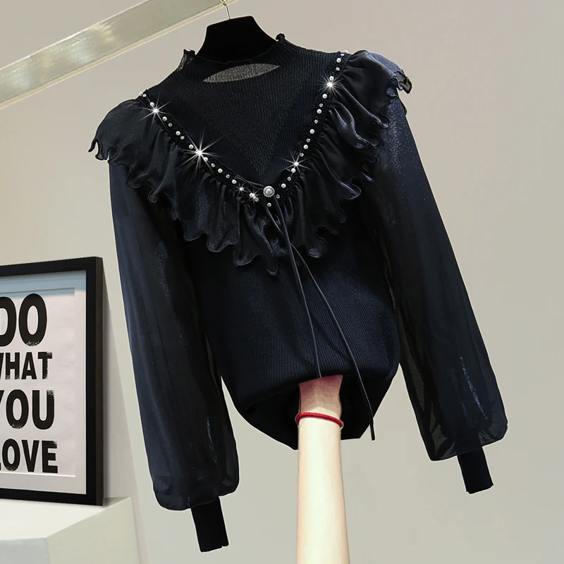 

Exquisite Rhinestone Beaded Ruffled Outerwear Sweater Spring 2022 Korean Fashion Slim Chiffon Stitching Stretch Knitted Top