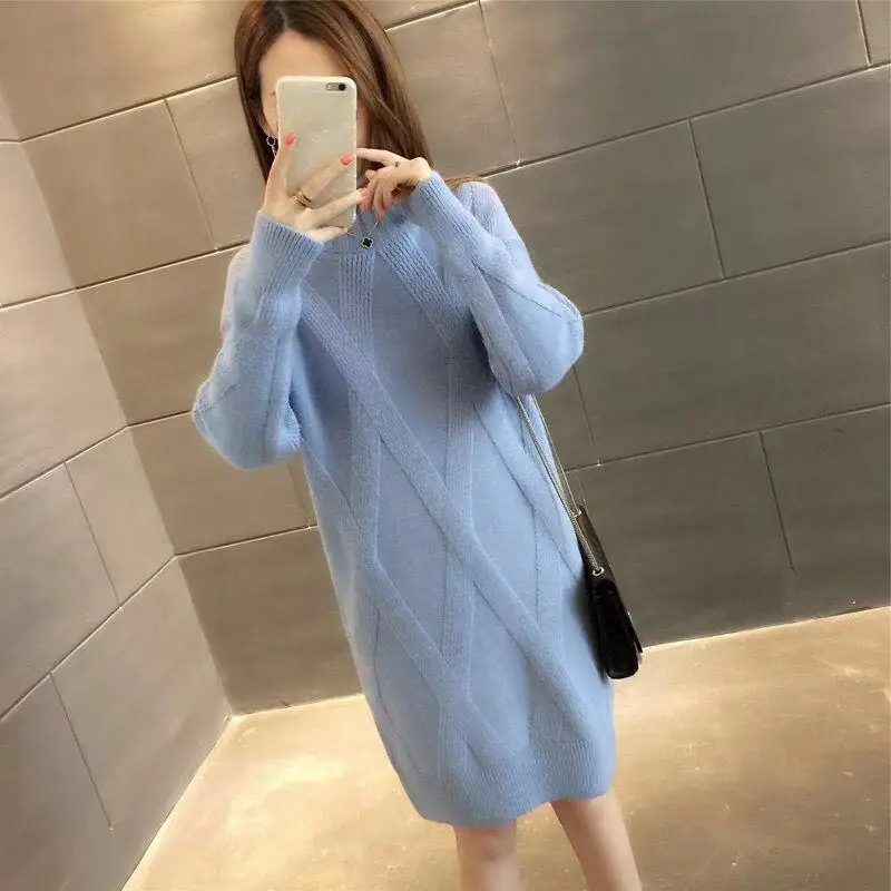 2020 Autumn Winter Womens Long Sleeve Sweater Pullovers Female Knitted Long Dress Ladies Solid Thicken Warm Clothes Female