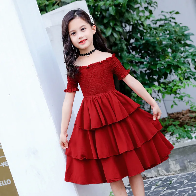 

2021 summer Kids Infant Girl Petals Dress Children teenager Elegant Vestido Formal Party Dress Wine red 5 8 12 13 16 19 20 year