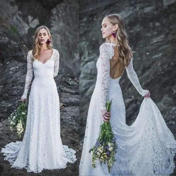 

Boho Beach A Line Wedding Dresses V Neck Full Lace Bridal Gowns Long Sleeve Sweep Train Wedding Dress Bridal Gowns
