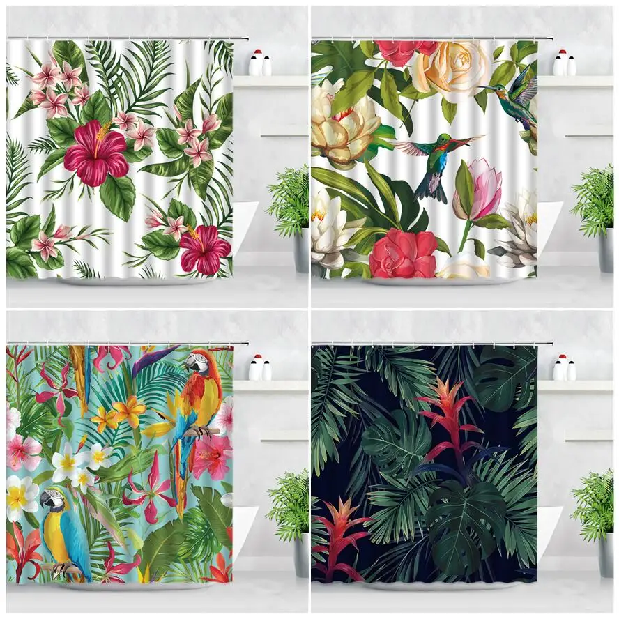 

Tropical Plant Leaf Shower Curtains Flower Bird Parrot Green Palm Leaves Print Waterproof Fabric Home Decor Bathroom Curtain set