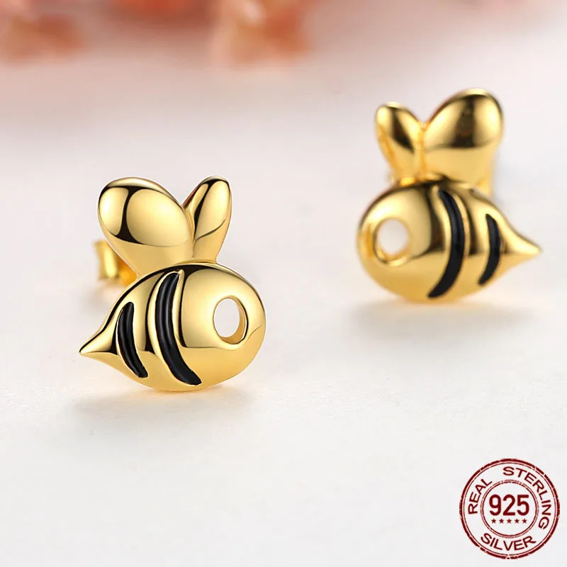TONGZHE Genuine 925 Sterling Silver Honey Bee Earring For Women Stud Earrings Gold Color Cute Animal Cool Jewelry Gift KLTE106-1 | Украшения