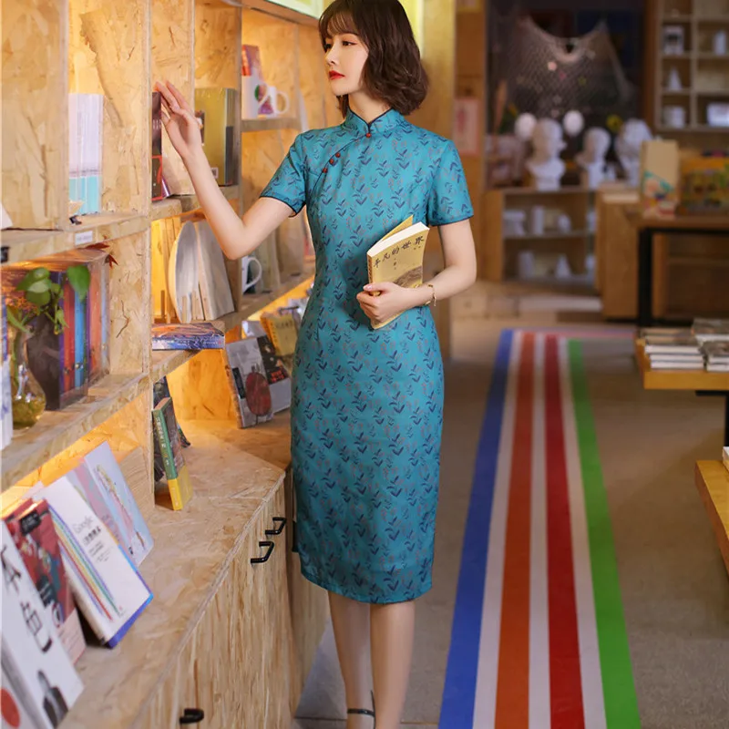 

Traditional Women Cotton Linen Printed Qipao Vintage Oriental Female Short Sleeve Cheongsam Novelty Chinese Formal Dress 3XL