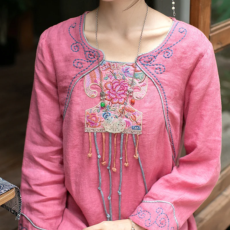 S21l31 disc button women's long sleeved Tang style linen dress mid autumn Chinese embroidered tea |