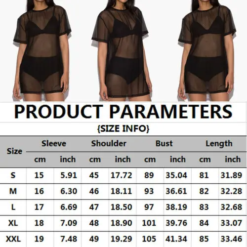 

Women Soft Pullover Casual Loose Black Mesh Sheer Beach Bikini Cover Up Ladies Sexy Short Sleeve Mini Dress Summer